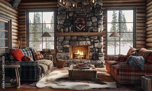 Wallpaper Mural Cozy Cabin Living Room with Stone Fireplace and Winter View Torontodigital.ca