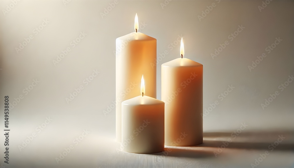 Set of pillar candles with flames illuminated, cut out Set of pillar candles with flames illuminated, cut out