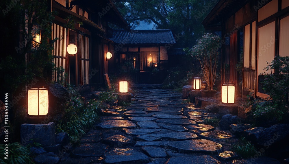 Fototapeta premium Tranquil Night: Illuminated Stone Path in a Japanese Garden, Serene Atmosphere with Glowing Lanterns, Ancient Architecture at Night
