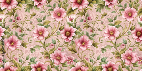 Delicate pink floral pattern with green vines on a soft blush background, perfect for elegant decor.