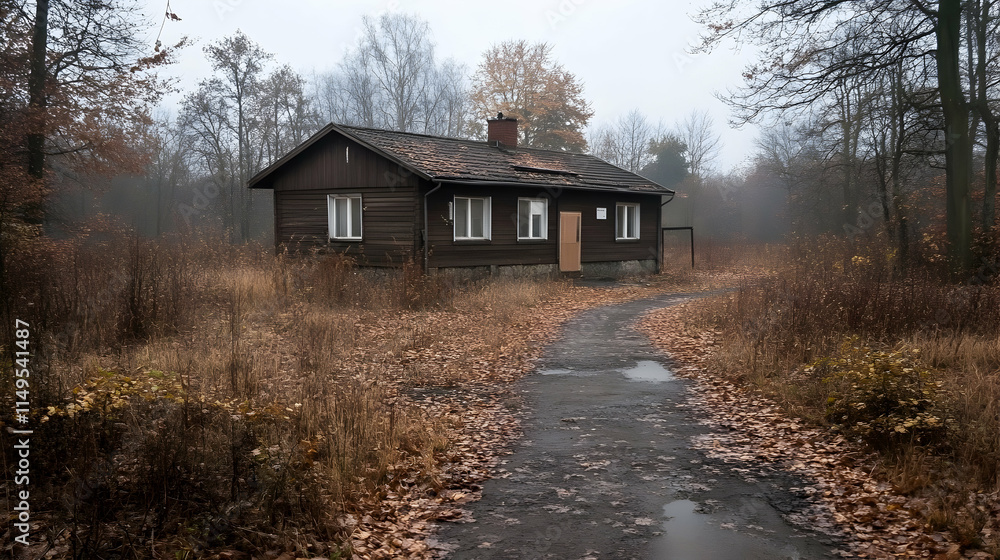 Foggy Autumn Forest Path to Abandoned Wooden Cabin. generative ai Foggy Autumn Forest Path to Abandoned Wooden Cabin. generative ai