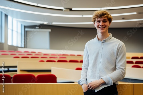 Portrait of a college student standing in a lecture room