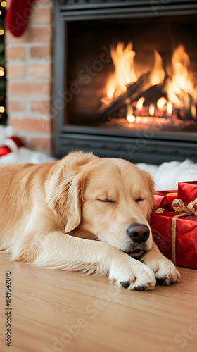 Wallpaper Mural Golden Retriever sleeping by fireplace, Christmas gifts, cozy home. generative ai Torontodigital.ca