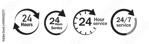 24 hours service vector symbol. 24h service duration sign. 24 h discount offer. same day delivery line icon set. fast 24hr support sign collection.