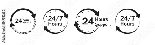 24/7 service icon set. 24-7 open, concept with call icon. Support 24 hours a day and 7 days a week. Support service. isolated on white. Vector illustration.
