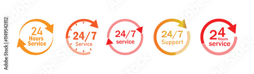 24/7 service icon set. 24-7 open, concept with call icon. Support 24 hours a day and 7 days a week. Support service. isolated on white. Vector illustration.