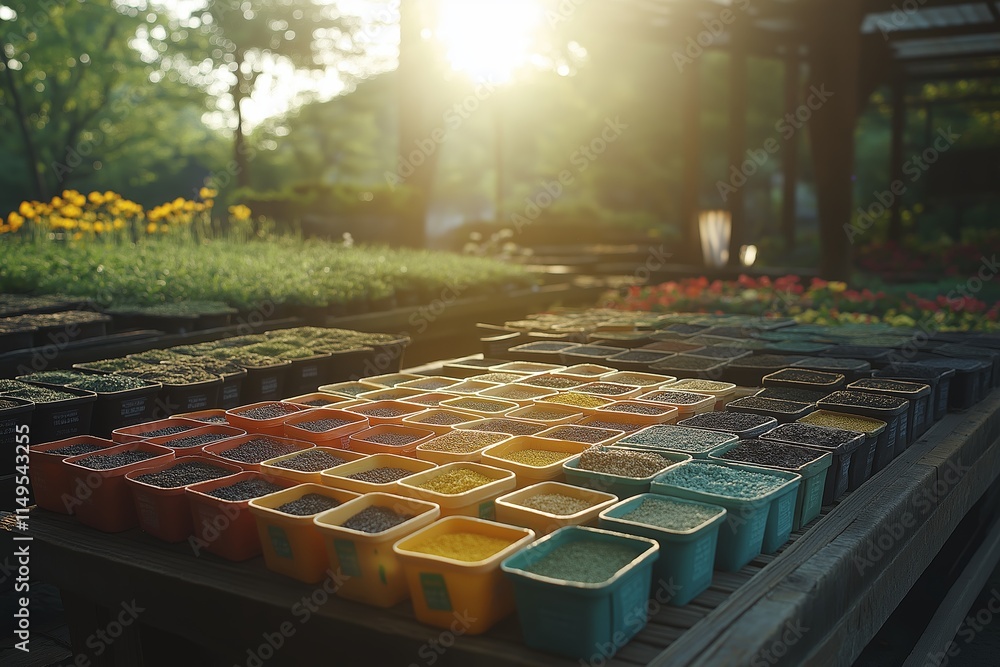 Naklejka premium A vibrant display of various flower seeds in colorful containers basking in sunlight, ready for planting. Each seed offers potential for beautiful blooms in gardens everywhere.