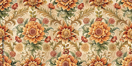 An intricate floral pattern featuring orange and cream flowers set against a soft beige background.
