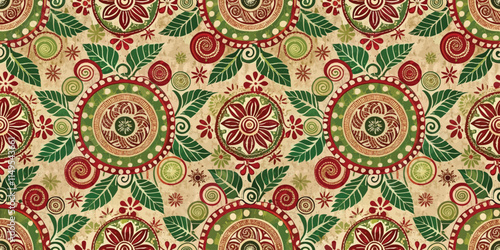 Vibrant floral and swirling pattern featuring red, green, and beige hues, ideal for textile and wallpaper designs.
