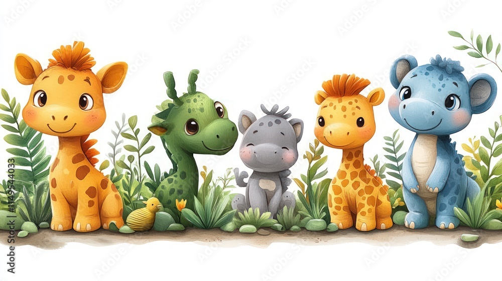 Naklejka premium Adorable baby animals, jungle foliage backdrop.