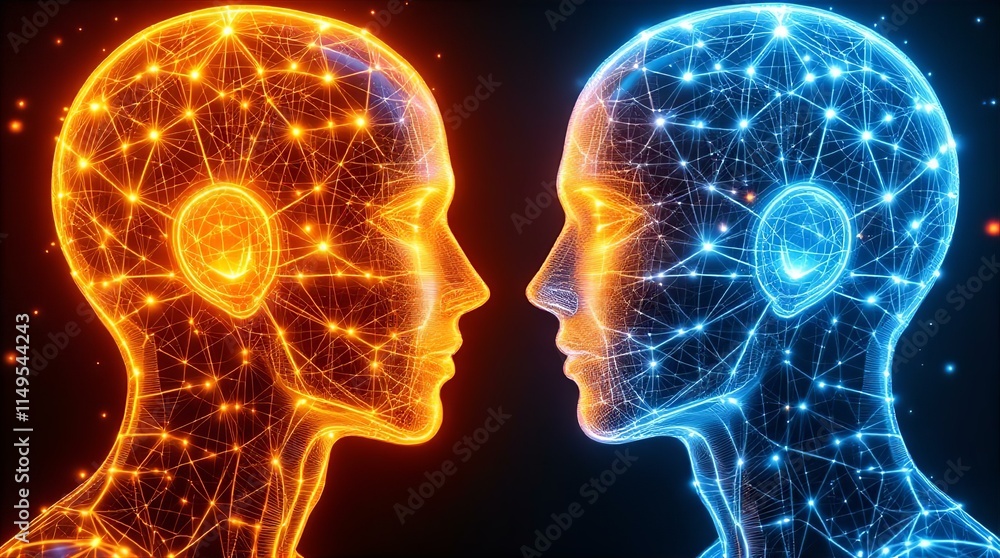 Two Intertwined Digital Heads: A Visualization of Opposing Forces in Harmony, Illuminated by Vibrant, Networked Light Structures Two Intertwined Digital Heads: A Visualization of Opposing Forces in Harmony, Illuminated by Vibrant, Networked Light Structures