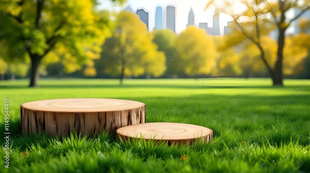 Two Rustic Wooden Tree Stump Platforms in a Lush Green Park with a Blurred City Skyline in the Background Two Rustic Wooden Tree Stump Platforms in a Lush Green Park with a Blurred City Skyline in the Background