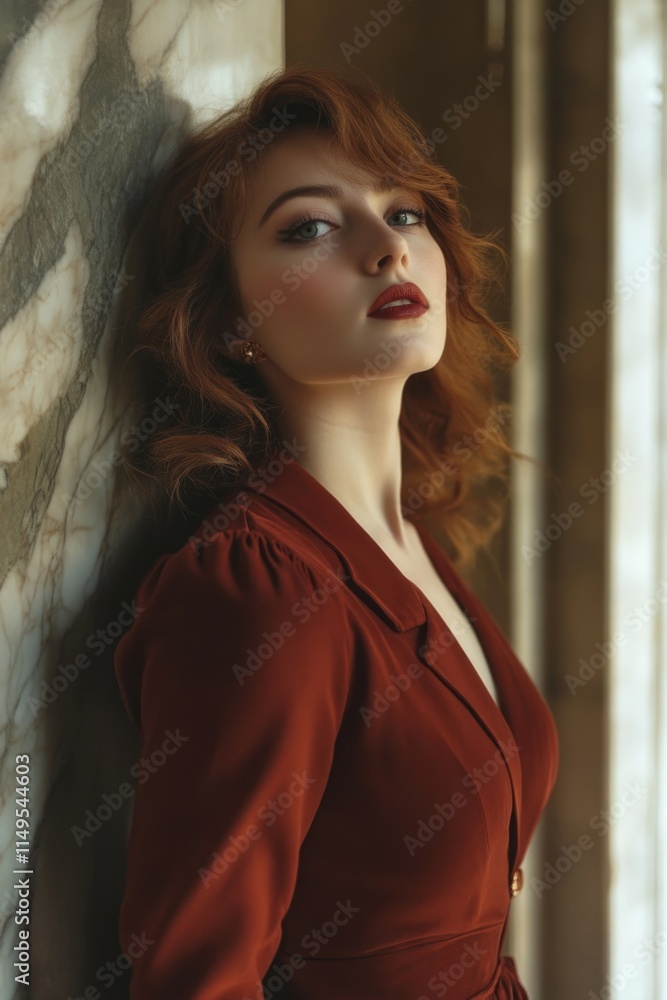 Fototapeta premium Woman in Red Dress Leaning Against Wall