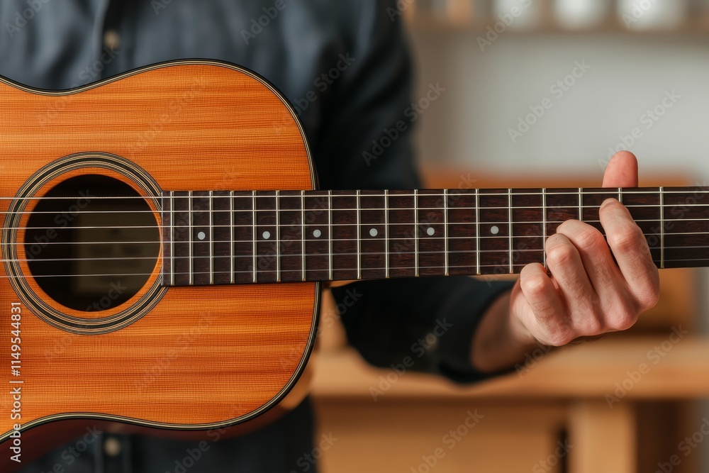 Fototapeta premium Mastering the Acoustic, A Close-Up of Skilled Fingers on the Strings.