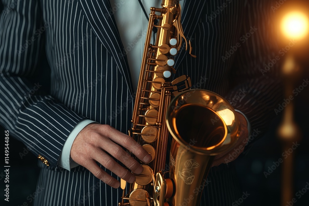 Obraz premium Passionate saxophonist in a pinstripe suit, captivating performance. Jazz notes fill the air