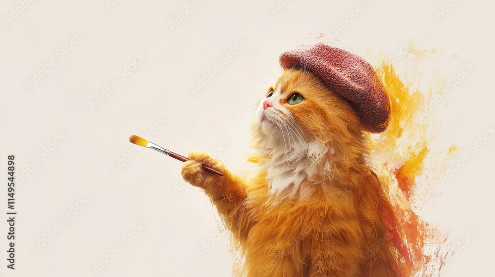 Creative Cat Artist with Brush and Beret in Artistic Flair Background Creative Cat Artist with Brush and Beret in Artistic Flair Background