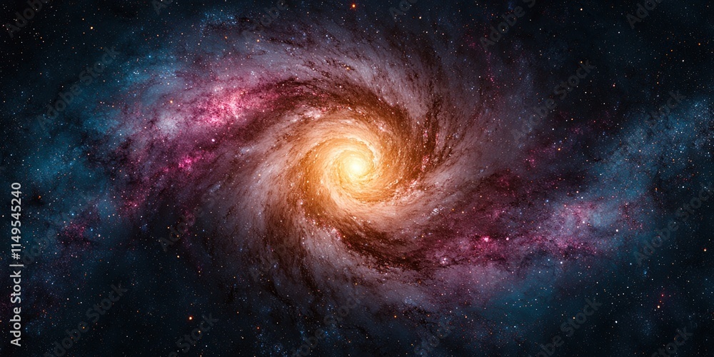 Fototapeta premium galactic center gravity concept. A vibrant galaxy spiral with swirling colors of orange, pink, and blue against a dark cosmic backdrop.