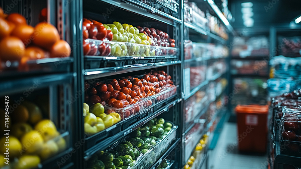 Fresh produce displayed in an organized grocery store aisle during midday. Fresh produce displayed in an organized grocery store aisle during midday.