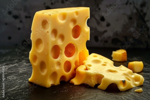 Large block of swiss cheese with slices and crumbs on a dark background, creating an appetizing image for food and dairy products photo