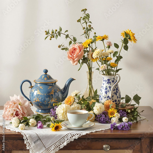 Wallpaper Mural Classic Still Life Composition with Teapot, Teacup, and Flowers Torontodigital.ca