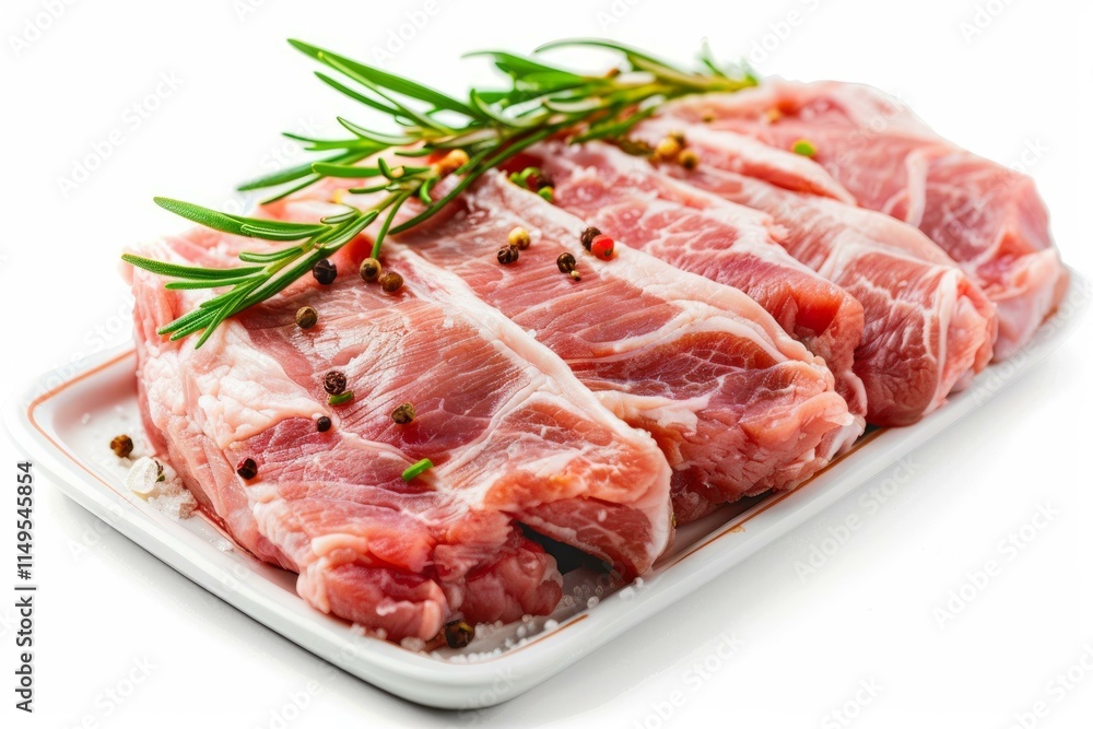 Raw pork chops seasoned with salt, peppercorns and rosemary sprig on white rectangular plate Raw pork chops seasoned with salt, peppercorns and rosemary sprig on white rectangular plate