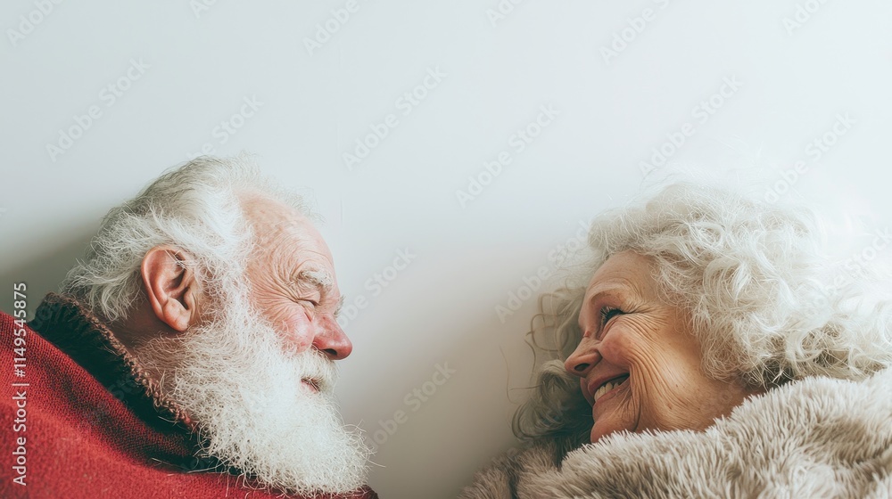 Obraz premium Joyful moments shared between an elderly couple with warm smiles and cheerful expressions in a cozy, intimate setting