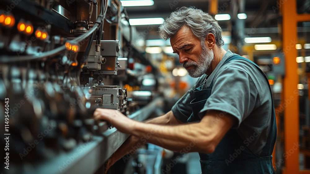 Experienced technician working diligently on machinery in a bustling workshop. Experienced technician working diligently on machinery in a bustling workshop.