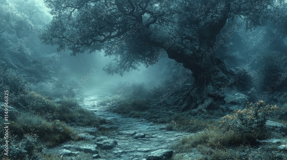 Obraz premium Misty forest path, ancient tree, rocky ground.