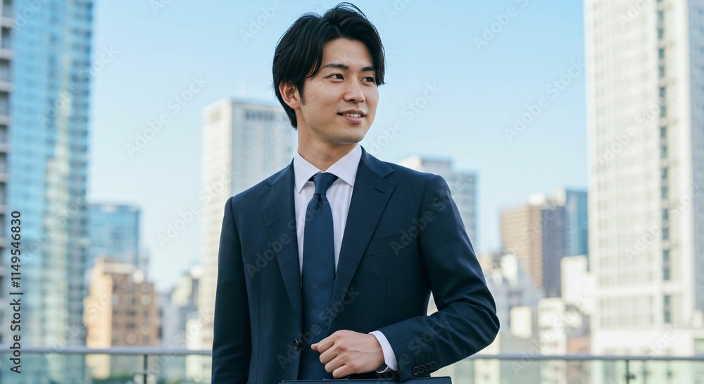 Young Japanese Businessman in Formal Suit Holding Briefcase in Modern Cityscape Young Japanese Businessman in Formal Suit Holding Briefcase in Modern Cityscape