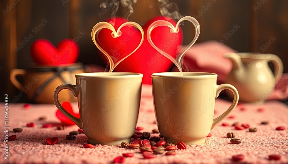 Two coffee cups with heart-shaped steam rising, set against a cozy Valentine backdrop. Two coffee cups with heart-shaped steam rising, set against a cozy Valentine backdrop.