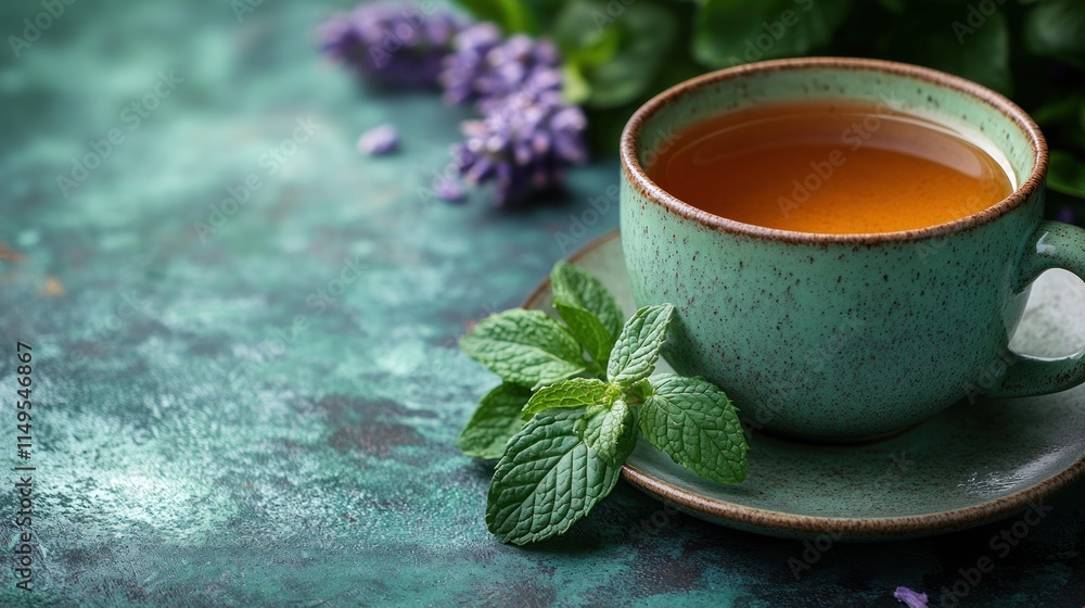 Aromatic herbal tea in a teal cup with fresh mint leaves and lavender blossoms on a textured teal surface. Aromatic herbal tea in a teal cup with fresh mint leaves and lavender blossoms on a textured teal surface.