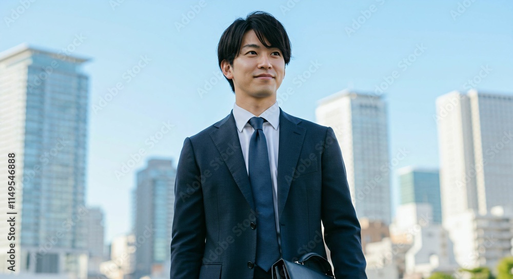 Young Japanese Businessman in Formal Suit Holding Briefcase in Modern Cityscape Young Japanese Businessman in Formal Suit Holding Briefcase in Modern Cityscape
