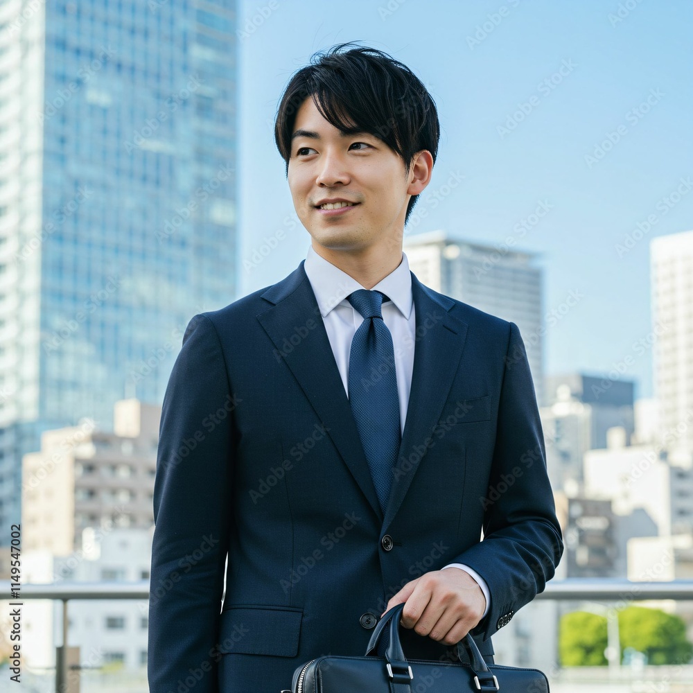 Young Japanese Businessman in Formal Suit Holding Briefcase in Modern Cityscape Young Japanese Businessman in Formal Suit Holding Briefcase in Modern Cityscape