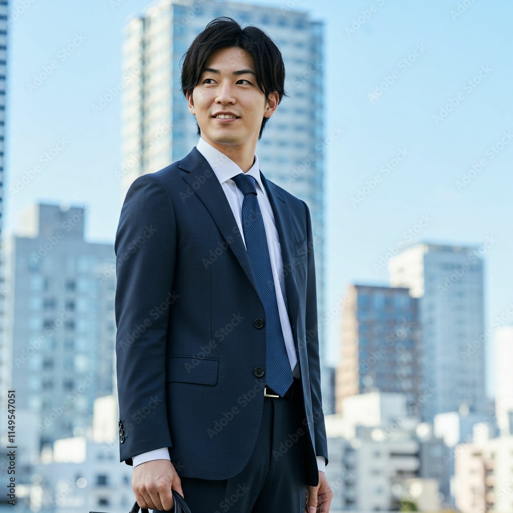 Young Japanese Businessman in Formal Suit Holding Briefcase in Modern Cityscape Young Japanese Businessman in Formal Suit Holding Briefcase in Modern Cityscape
