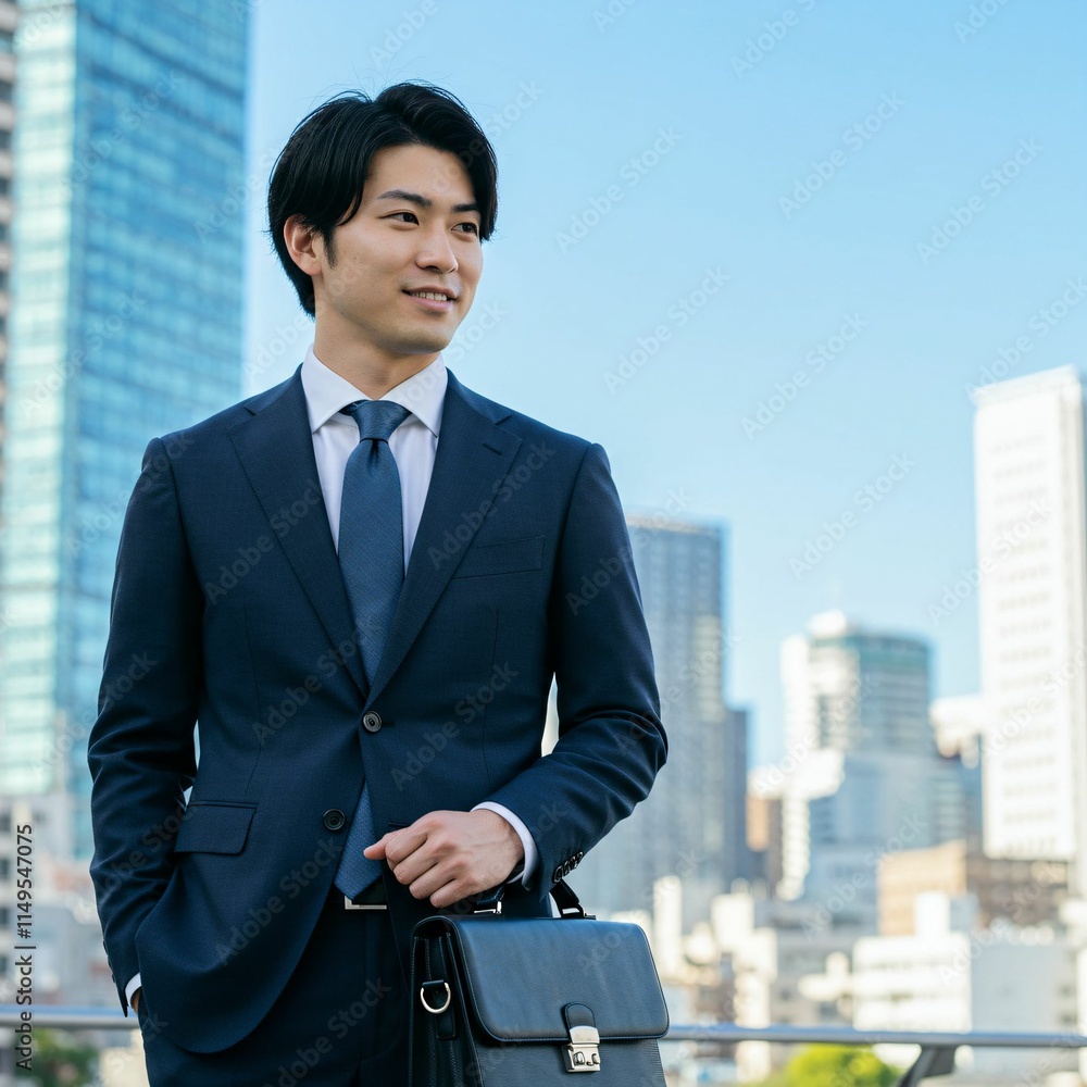 Young Japanese Businessman in Formal Suit Holding Briefcase in Modern Cityscape Young Japanese Businessman in Formal Suit Holding Briefcase in Modern Cityscape