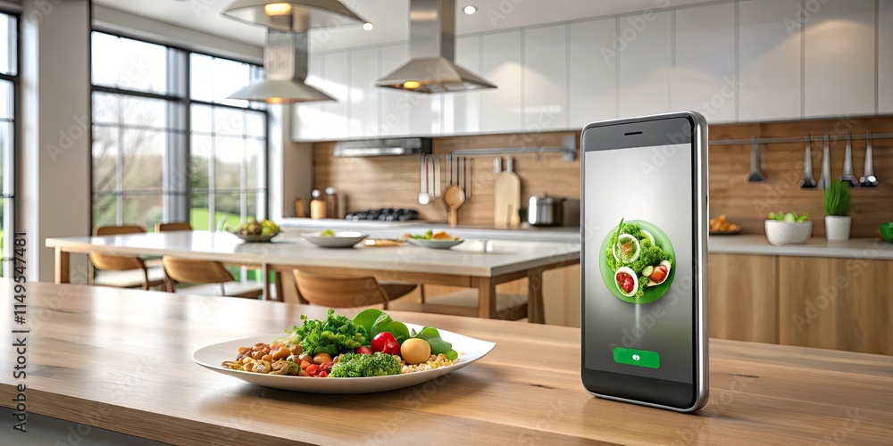 rendered food order call with phone in a modern kitchen setting, phone, food, restaurant, kitchen, cooking