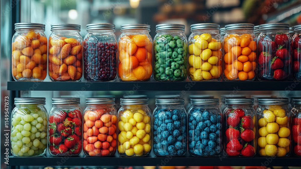 Colorful jars of fresh fruits lining a display shelf in a local market. Colorful jars of fresh fruits lining a display shelf in a local market.