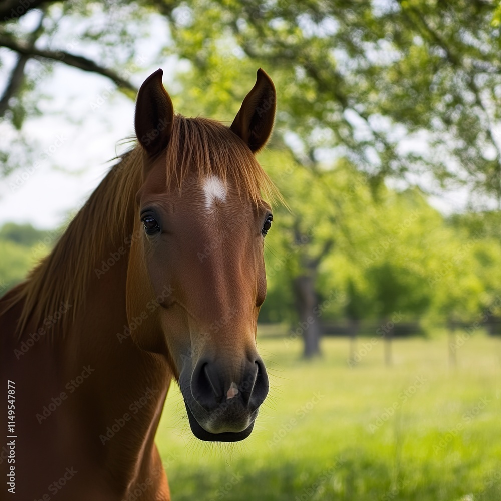 Fototapeta premium Stunning Brown Horse in a Lush Green Pasture