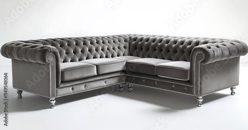 Grey velvet chesterfield corner sofa with button tufting and silver legs on white background. photo