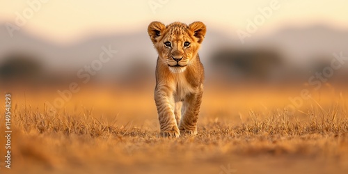 wildlife rescue release concept. A young lion cub walks confidently through a golden grassland, embodying the beauty and spirit of wildlife.
