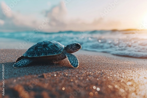 wildlife rescue release concept. A turtle slowly approaches the ocean as the sun sets, casting a warm glow over the sandy beach and gentle waves. photo