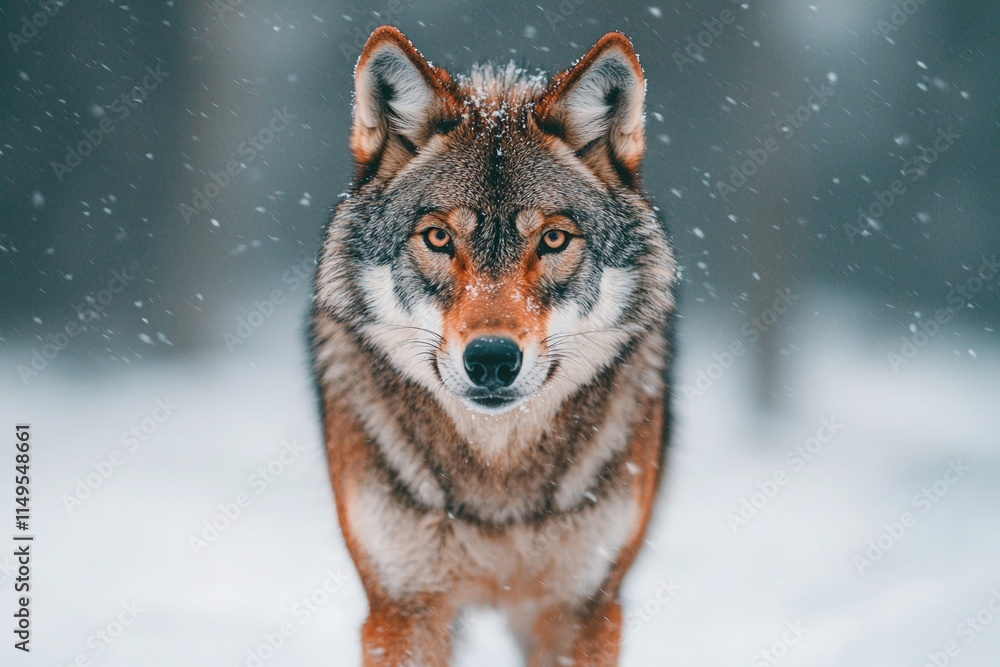 wildlife rescue release concept. A majestic wolf stands in a snowy landscape, showcasing its striking features and intense gaze amidst falling snowflakes. wildlife rescue release concept. A majestic wolf stands in a snowy landscape, showcasing its striking features and intense gaze amidst falling snowflakes.