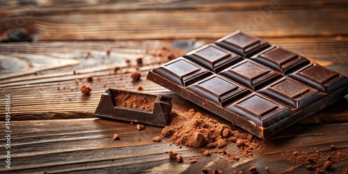 broken dark chocolate bar with cocoa powder on a brown wooden table , brown table