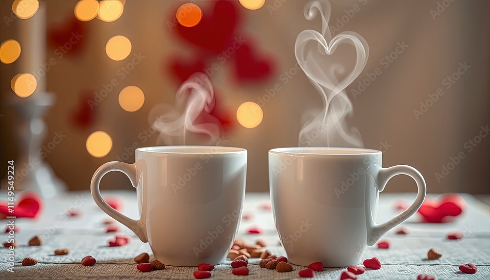 Two coffee cups with heart-shaped steam rising, set against a cozy Valentine backdrop. Two coffee cups with heart-shaped steam rising, set against a cozy Valentine backdrop.