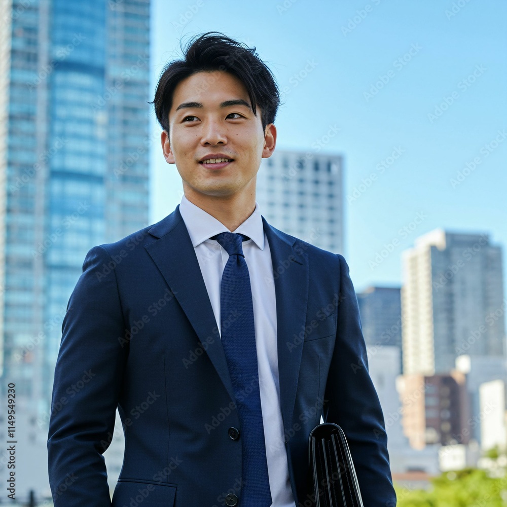 Dynamic Young Japanese Businessman in Elegant Suit Amidst Modern City Skyscrapers Dynamic Young Japanese Businessman in Elegant Suit Amidst Modern City Skyscrapers