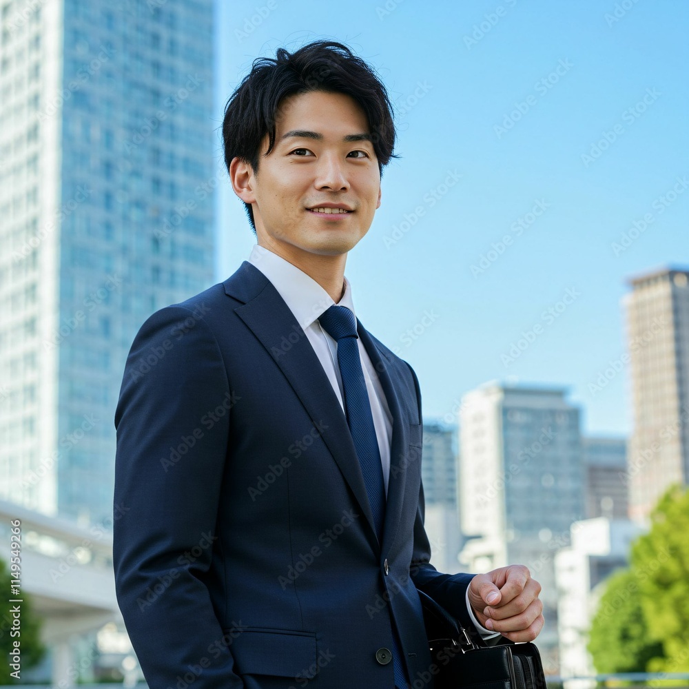 Dynamic Young Japanese Businessman in Elegant Suit Amidst Modern City Skyscrapers Dynamic Young Japanese Businessman in Elegant Suit Amidst Modern City Skyscrapers