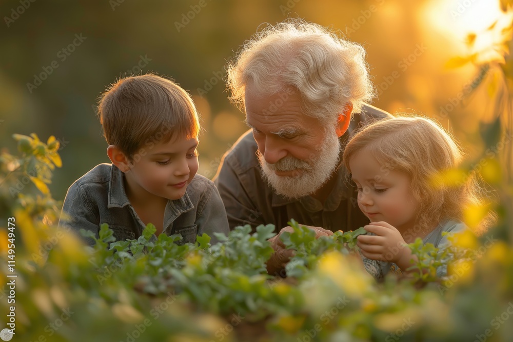 A grandfather shares a joyful moment with his grandchildren in a sunlit garden, teaching them about heirloom seeds while nurturing a love for nature and gardening.