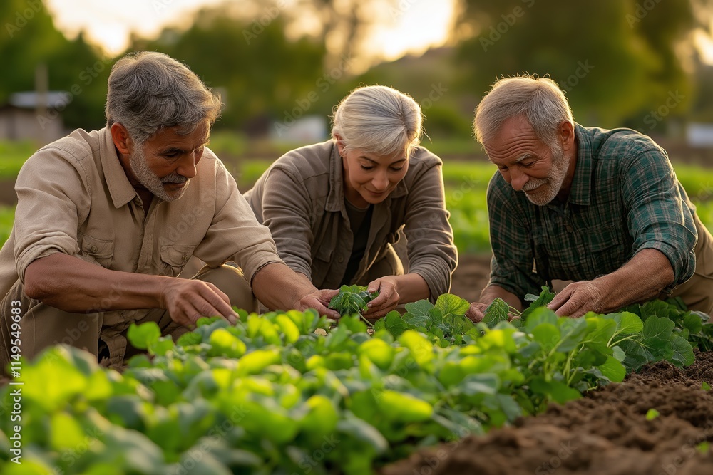 Three people are tending to heirloom seeds in a lush garden, carefully planting and nurturing their crops amidst a golden sunset, showcasing their passion for sustainable farming practices. Three people are tending to heirloom seeds in a lush garden, carefully planting and nurturing their crops amidst a golden sunset, showcasing their passion for sustainable farming practices.
