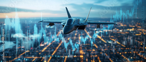 fighter jet soars over glowing cityscape at dusk, with stock market graphs and data overlays symbolizing technology and global finance