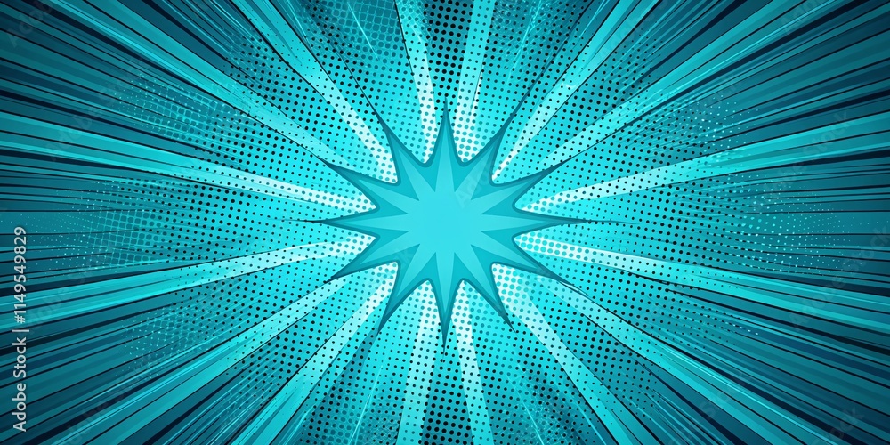 Obraz premium Retro Comic Book Background: Bright Turquoise Explosion with Halftone Shadows and Blue Stripes